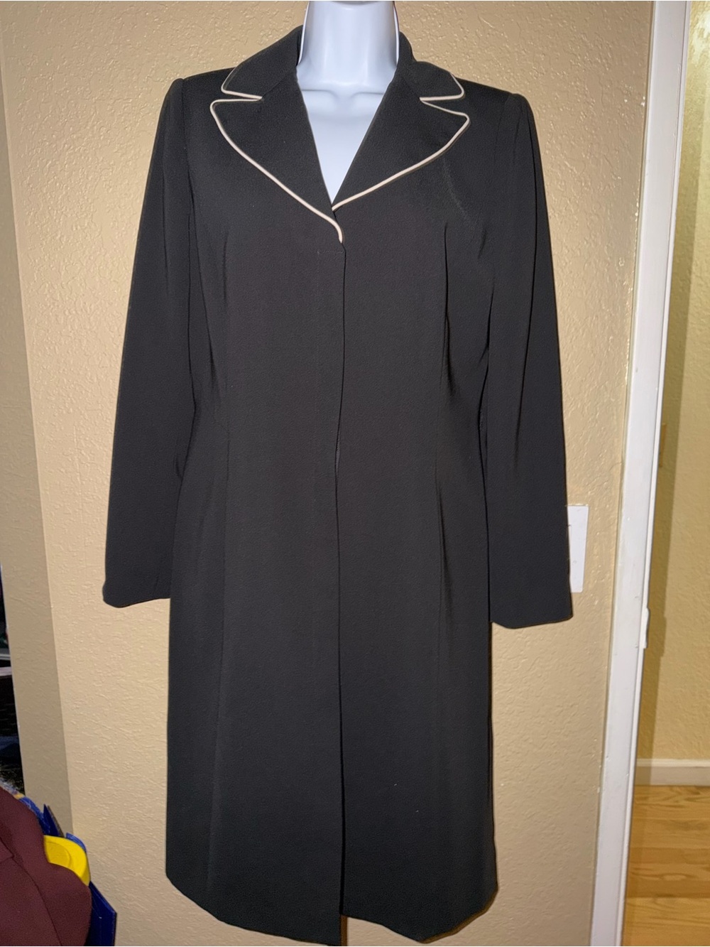 Randolph Duke Black Long Dress Coat with Cream Trim